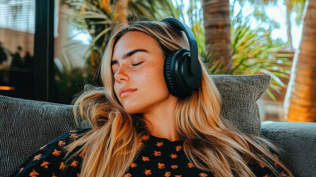 A young woman with closed eyes relaxes outdoors, wearing headphones and enjoying a peaceful moment on a cushioned chair surrounded by palm trees.