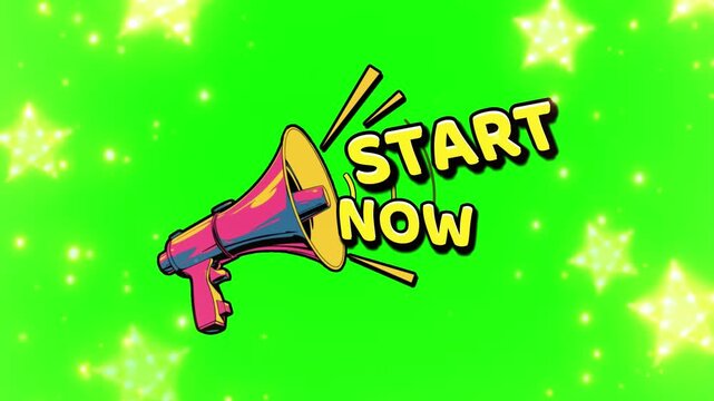 A colorful video graphic with a megaphone and the words 'Start Now' on a bright green background with yellow stars.