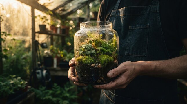 Terrarium creation held by person in apron inside sunny greenhouse, fostering miniature ecosystem and hobby gardening.