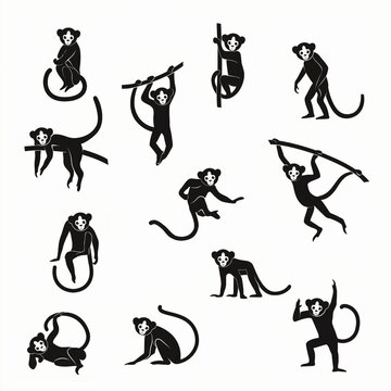 Monkey Silhouettes Collection Set Cute Cartoon Animal Poses Hanging