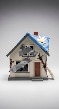 Miniature house patched with tape and tarp.