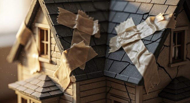 Model house roof with adhesive tape patches.