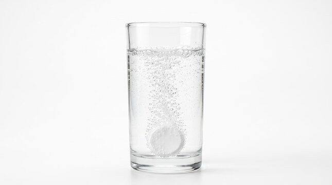 Effervescent tablet dissolving in a glass of clear water with bubbles