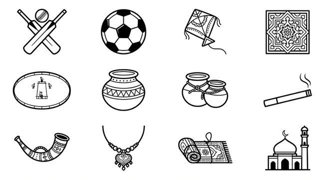 
South Asian Cultural Icons Line Art Set Cricket Football Kite Mosque