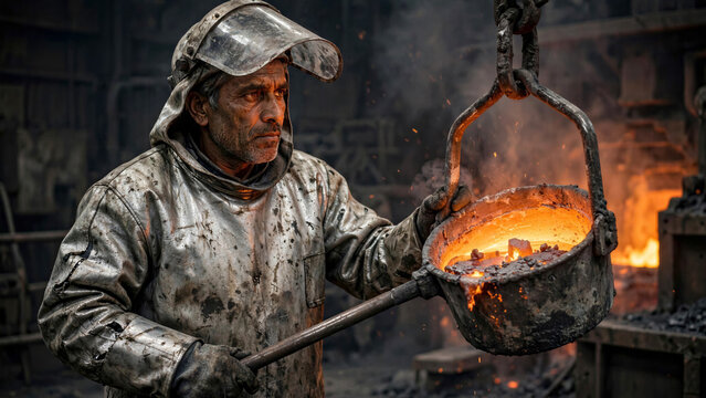 Smelter worker guiding molten slag ladle in aluminized heat suit with scuffs and dramatic high contrast