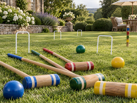 Ultra Realistic Colorful Wooden Croquet Set with Mallets Balls and Hoops on Grass Premium Outdoor Game Photography