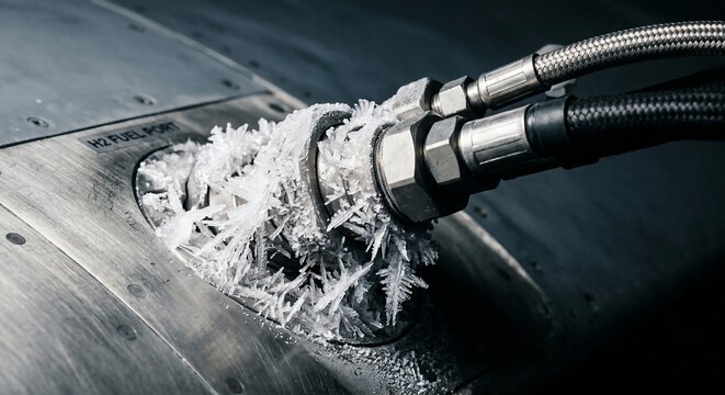 Frozen fuel port with ice crystals and metal hoses on machinery