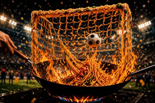 Soccer Ball Scoring in Flaming Goal Net Championship Concept