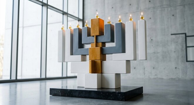Modern ceramic menorah with glowing oil flames standing on a dark stone base inside a bright architectural room