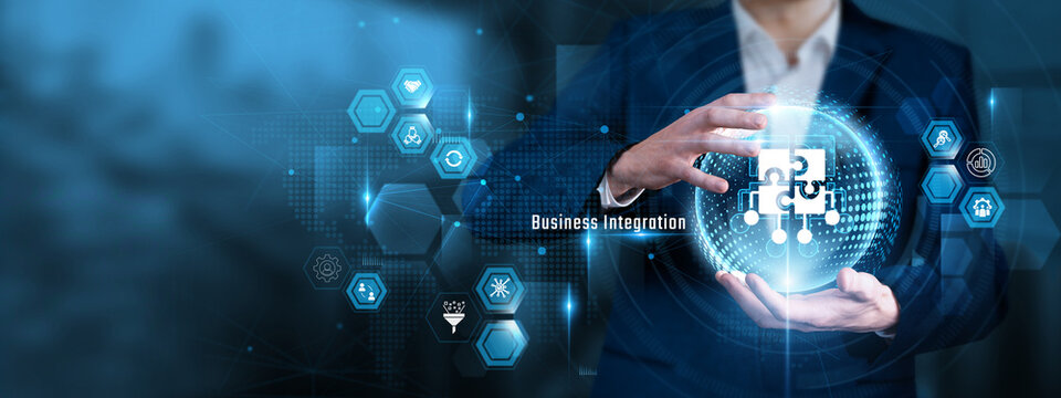 Businessman Hand Hold Business Integration and global System Architecture, Corporate Process Management, Enterprise Data Synchronization, Digital Workflow, Unified Operations