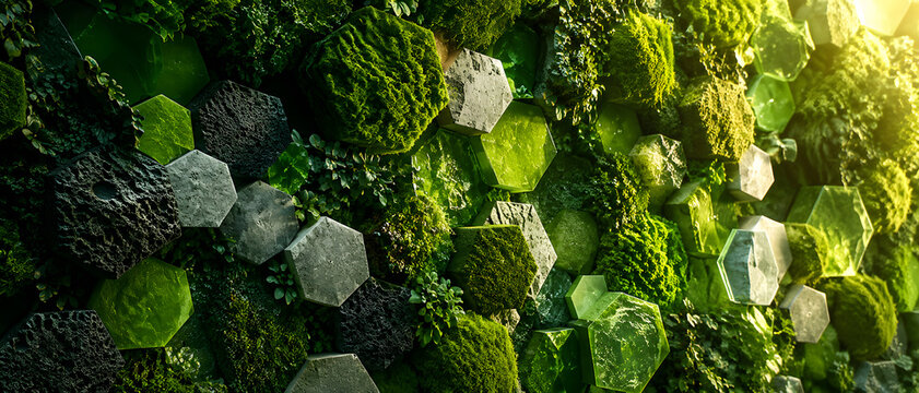 Abstract close-up of lush green moss and natural foliage textures with scattered geometric hexagonal stones, creating a rich organic pattern. Vibrant emerald and forest green tones with soft sunlight 