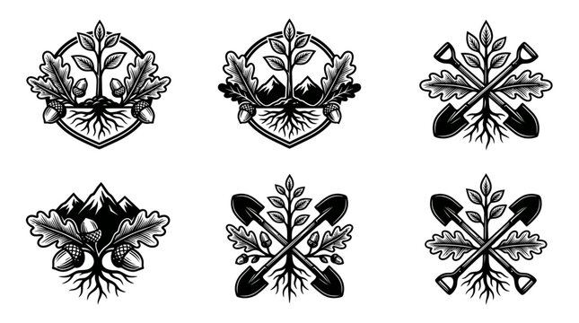 Vintage Black and White Forestry and Gardening Emblems Collection with Oak, Roots, Acorns, Shovels, Mountains Illustration.
