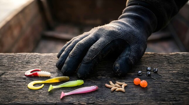 Person wearing protective glove choosing bait for recreational angling