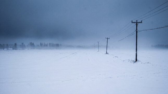Winter landscape with power lines stretches into a foggy blue toned field