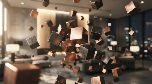 Floating copper cubes in modern living room