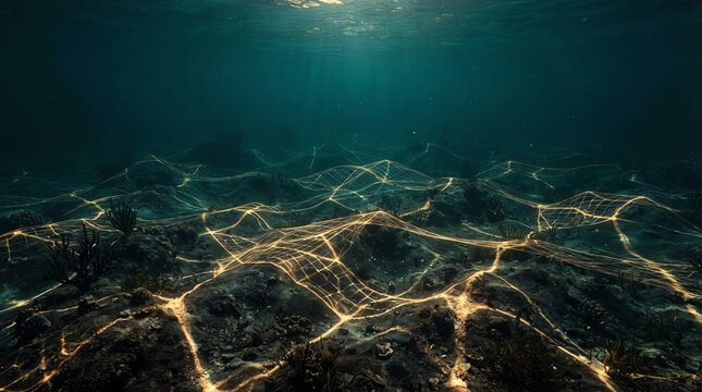 Glowing gold network on underwater seafloor