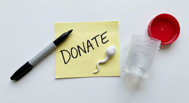 A yellow sticky note with "DONATE" written on it next to a black marker, a sperm model, and a sperm collection cup with a red cap.