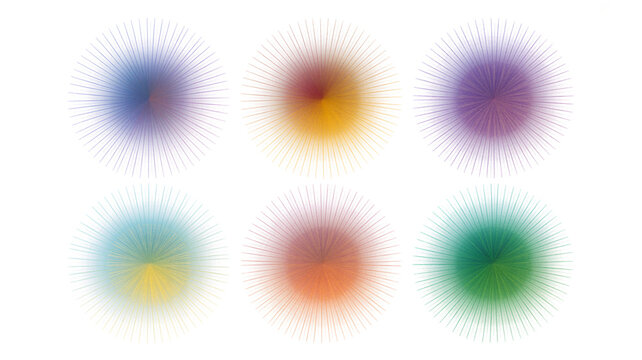 Six colorful abstract blurred radial gradients isolated on a white background