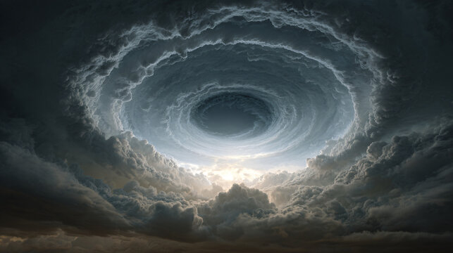 A gigantic surreal circular formation in the middle of a storm cloud resembling an enormous eye when viewed from above, concentric cloud structures surrounding a luminous calm center