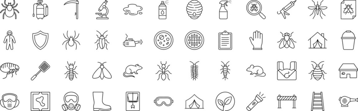 Pest Control Services line icon set. Vector pictograms of extermination, pest control, safety equipment, and inspection tools elements, thin linear illustration.