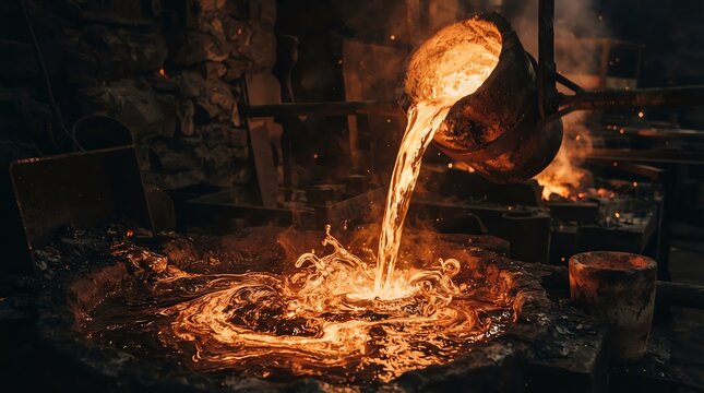 Molten metal pouring in industrial foundry