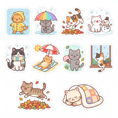 Obraz premium Cute Kawaii Cat Sticker Sheet Vector Set with Four Seasons and Weather Elements Isolated on White Background