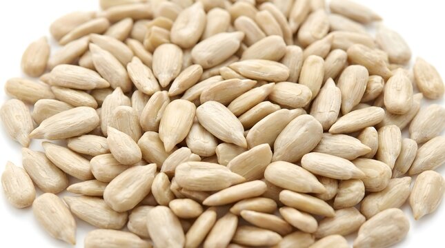 Pile of raw peeled sunflower seeds on a plain white background