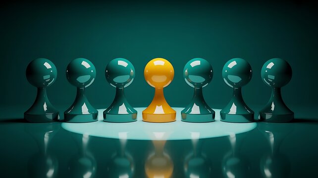 Business leadership concept with a distinct yellow game piece highlighted in a row of identical green pawns