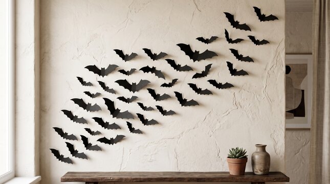 Black paper bats wall decoration arranged for halloween celebration in a minimalist living room interior