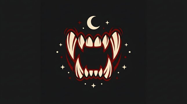 Monstrous sharp teeth with crescent moon and stars occult art