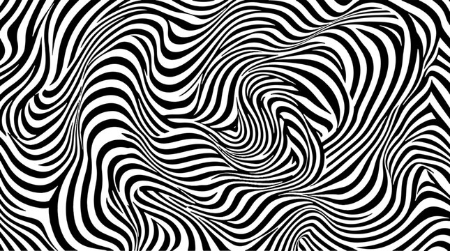 Abstract background of flowing black and white wavy zebra stripes with zebra pattern flowing lines optical illusion op art monochrome