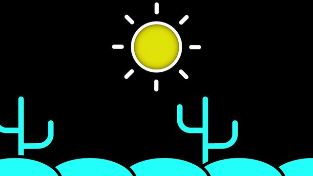 Cute desert landscape animation with bright yellow sun, turquoise cacti, rolling hills, simple cartoon style, colourful nature background, minimal summer design for children and projects