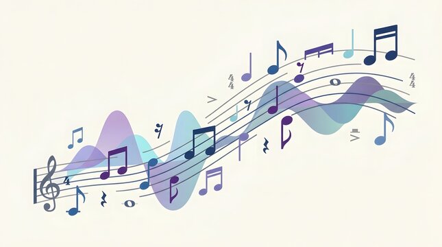 Colorful musical notes flowing on abstract sound waves