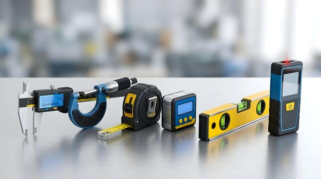 Precision measuring tools arranged neatly on a workbench in a workshop