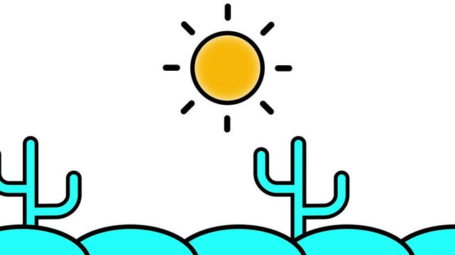 Cute desert landscape animation with bright yellow sun, turquoise cacti, rolling hills, simple cartoon style, colourful nature background, minimal summer design for children and projects