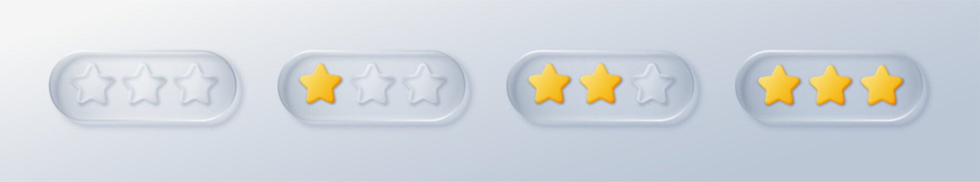 Glass rate rating with button star liquid and ui transparent effect. Design glasses buttons with stars frame background and vector box icon. Five shape glass with interface element button.