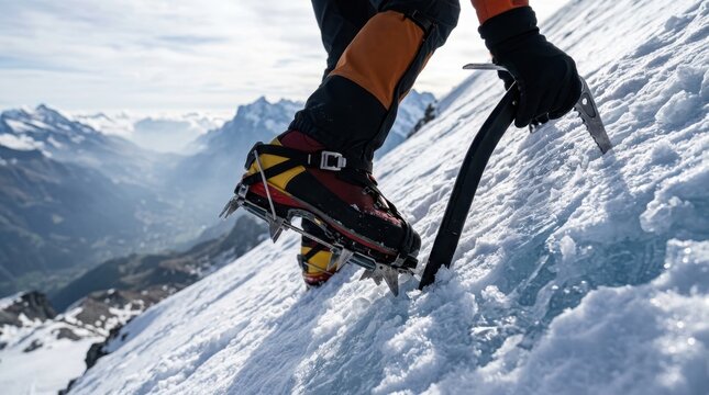 Alpinist climbing steep snowy mountain slope with ice axe and crampons