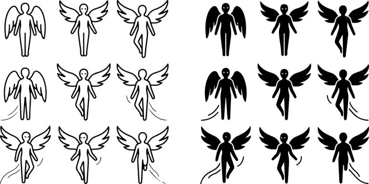 Set of angel character silhouettes in outline and solid black styles with angel silhouette angel icon winged figure religious figure