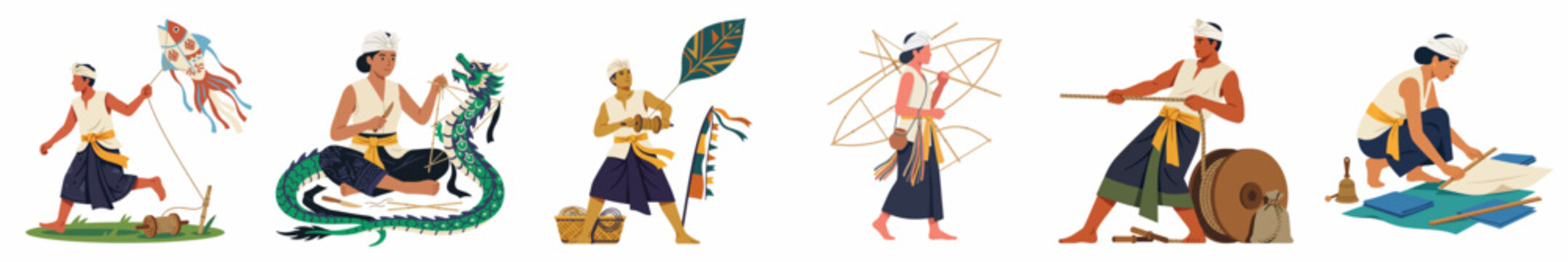 Set of illustrations depicting traditional Balinese people engaged in cultural activities like kite flying, music, painting, and craft making.