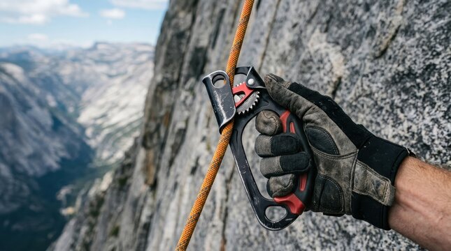 Climber holding ascending device and rope on a steep cliff face