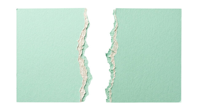 Two pieces of light green torn paper separated on white background.