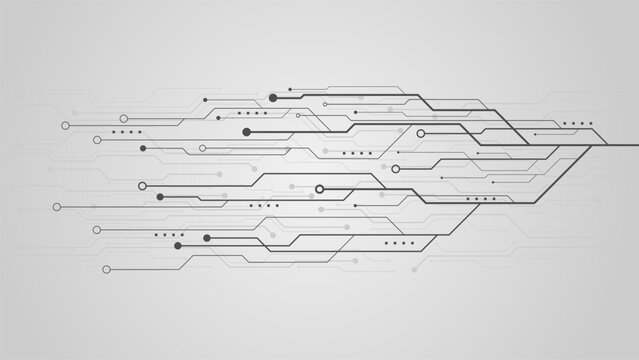 Abstract gray circuit board traces and horizontal network lines connecting dots on clean minimalist vector background