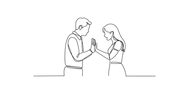 Continuous line drawing of a man and a woman touching their hands together in a romantic gesture