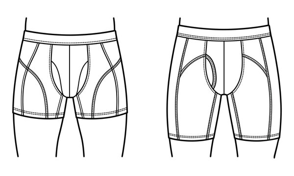Blank mens athletic compression underwear boxer briefs vector flat sketch template CAD drawing for fashion tech pack
