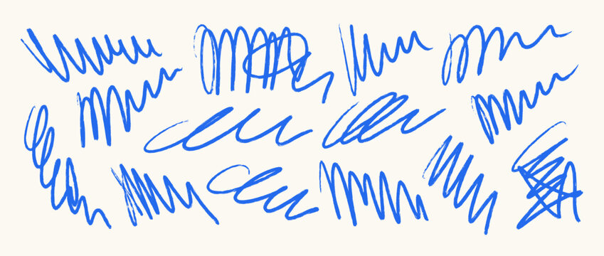 Blue brush stroke scribbles collection. Hand drawn pen scrawl doodle set. Textured rough pencil crayon squiggle pack. Messy charcoal sketched swirls bundle. Bold ballpoint curly marks. Vector