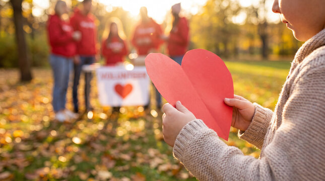 World Kindness Day close-up of child hands holding a red paper heart with volunteers blurred in an autumn park, ideal for charity website headers and campaign content.