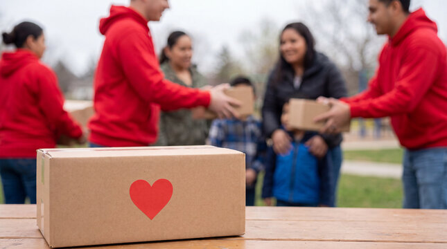 World Kindness Day close-up of a care package box with a heart sticker, volunteers handing packages blurred behind, ideal for charity website content and social visuals.