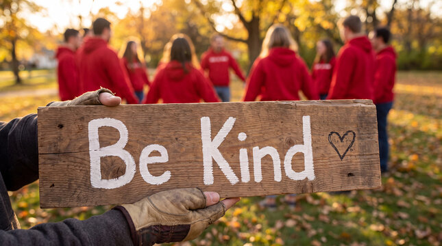 World Kindness Day close-up of a Be Kind sign, volunteers in a circle blurred behind at sunset, ideal for charity website hero and kindness campaign imagery.