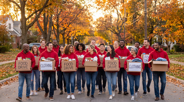 World Kindness Day wide shot of volunteers carrying donation boxes through a neighborhood at golden hour, ideal for charity website hero and outreach campaign content.