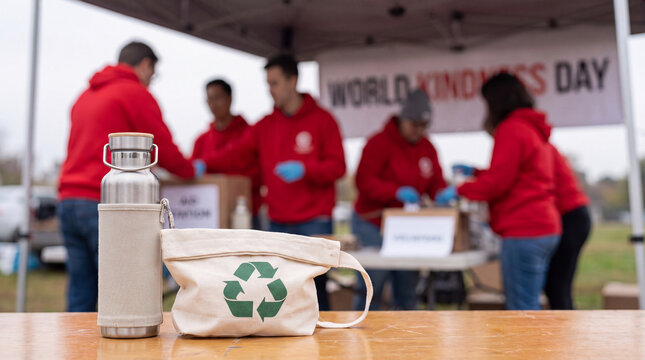 World Kindness Day close-up of a water bottle and snack bag, volunteers at an aid station blurred behind, suitable for charity content and humanitarian campaign imagery.